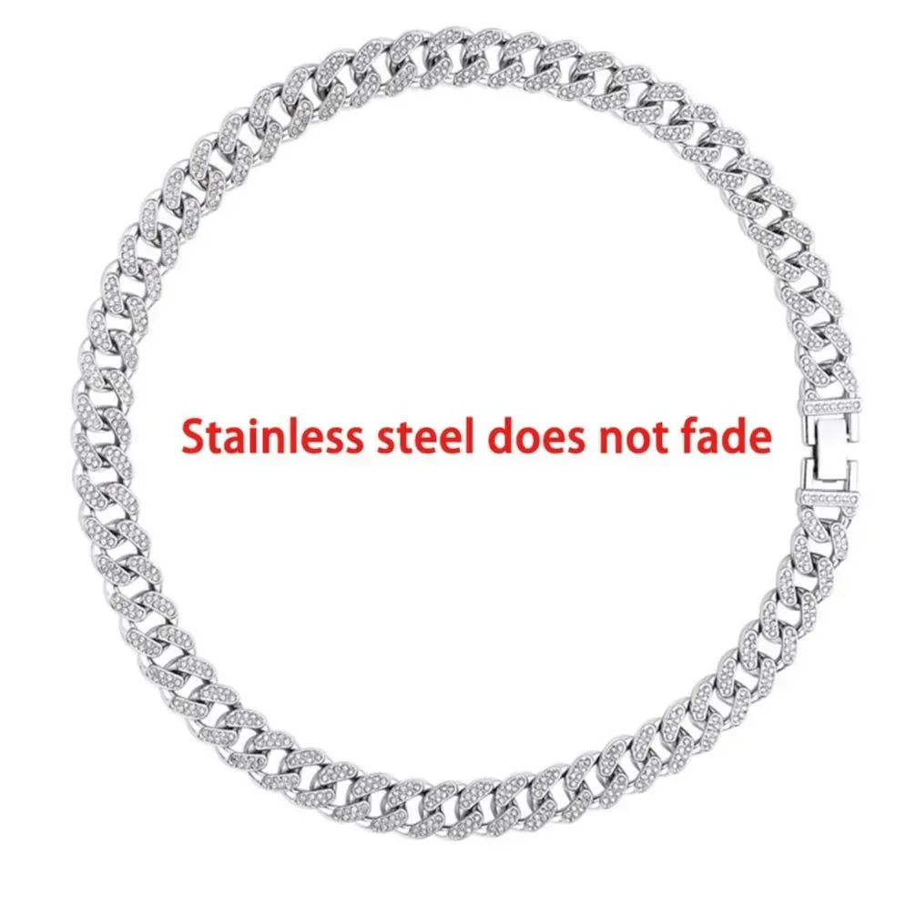 CARÁTIX 12mm Stainless Steel Cuban Link Chain Necklace – Rhinestone CZ Iced Out Hip Hop Jewelry for Men & Women | No Fade Design - CaratixJewelry