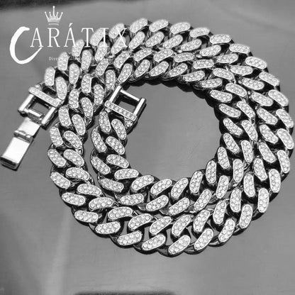 CARÁTIX 12mm Stainless Steel Cuban Link Chain Necklace – Rhinestone CZ Iced Out Hip Hop Jewelry for Men & Women | No Fade Design - CaratixJewelry