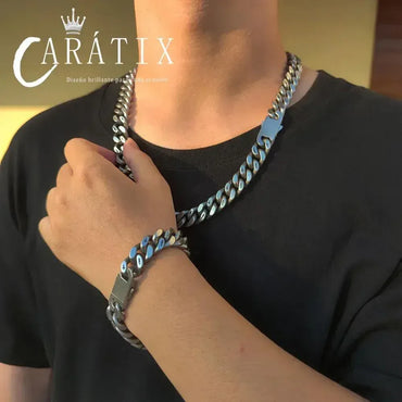 CARÁTIX – 13mm Thick Cuban Link Necklace with Cross Logo | Hip Hop Jewelry for Men & Women, Matte Black Street Style - CaratixJewelry