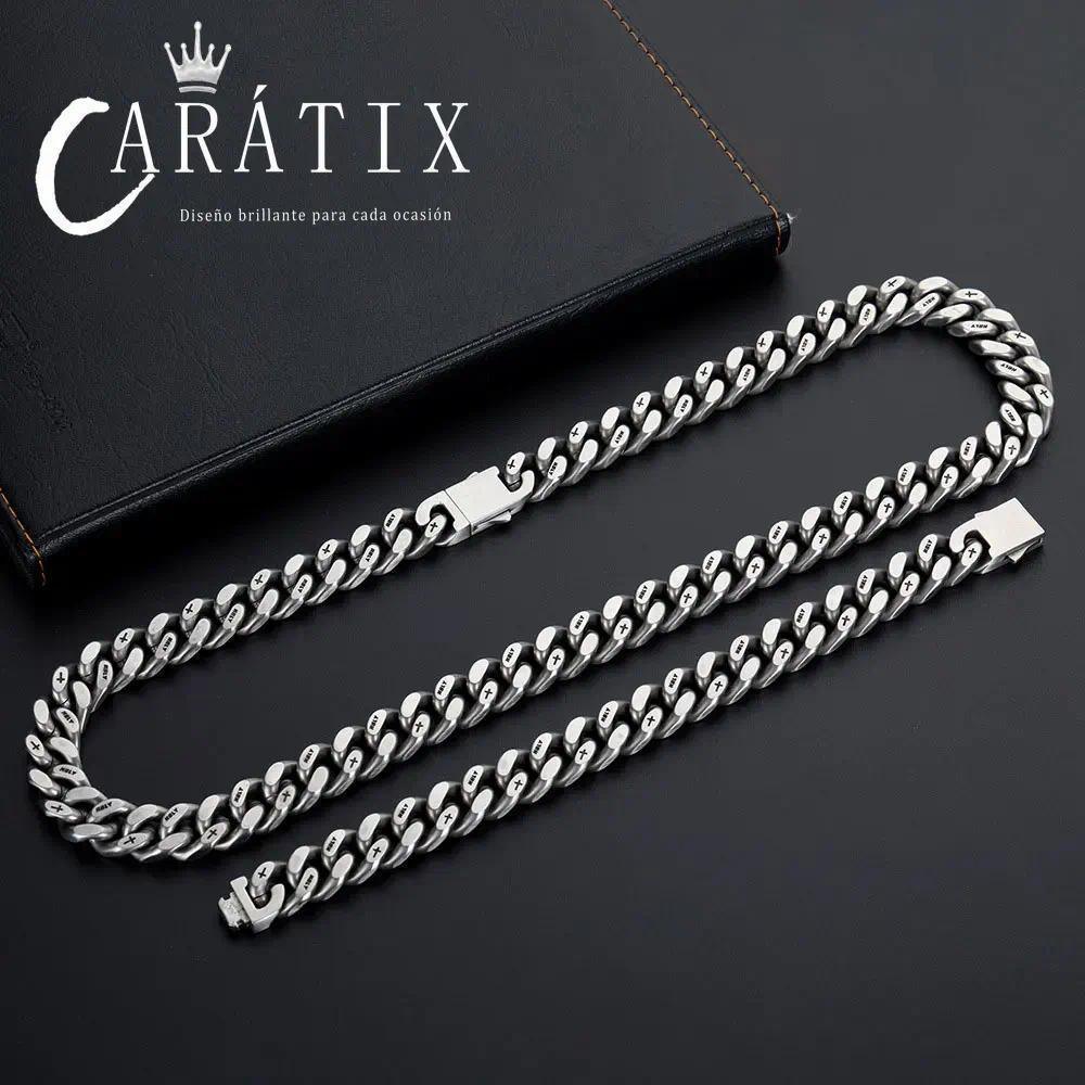 CARÁTIX – 13mm Thick Cuban Link Necklace with Cross Logo | Hip Hop Jewelry for Men & Women, Matte Black Street Style - CaratixJewelry