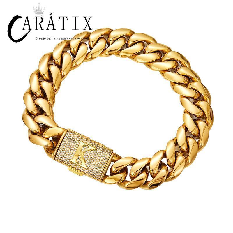 CARÁTIX 14mm Black Cuban Miami Link Chain Necklace – Stainless Steel Iced Out Letter Button Hip Hop Jewelry for Men - CaratixJewelry