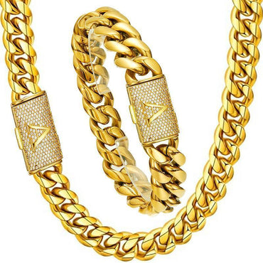 CARÁTIX 14mm Black Cuban Miami Link Chain Necklace – Stainless Steel Iced Out Letter Button Hip Hop Jewelry for Men - CaratixJewelry