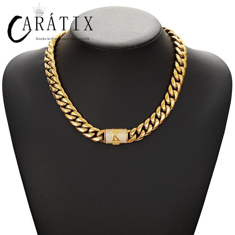 CARÁTIX 14mm Black Cuban Miami Link Chain Necklace – Stainless Steel Iced Out Letter Button Hip Hop Jewelry for Men - CaratixJewelry