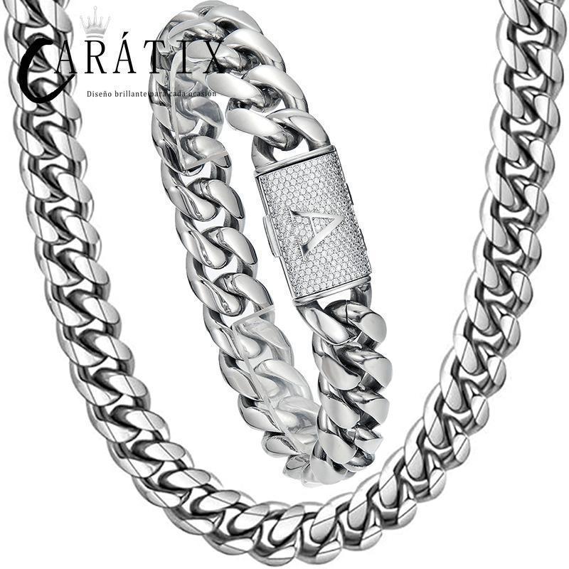 CARÁTIX 14mm Black Cuban Miami Link Chain Necklace – Stainless Steel Iced Out Letter Button Hip Hop Jewelry for Men - CaratixJewelry