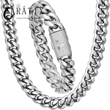 CARÁTIX 14mm Black Cuban Miami Link Chain Necklace – Stainless Steel Iced Out Letter Button Hip Hop Jewelry for Men - CaratixJewelry