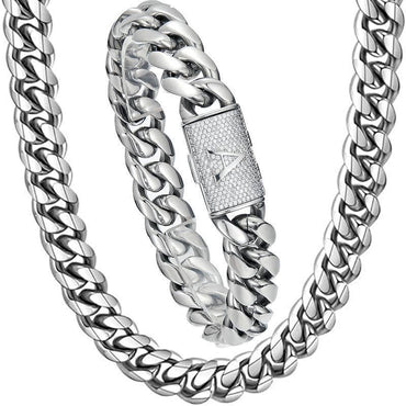 CARÁTIX 14mm Black Cuban Miami Link Chain Necklace – Stainless Steel Iced Out Letter Button Hip Hop Jewelry for Men - CaratixJewelry