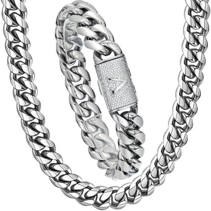 CARÁTIX 14mm Black Cuban Miami Link Chain Necklace – Stainless Steel Iced Out Letter Button Hip Hop Jewelry for Men - CaratixJewelry