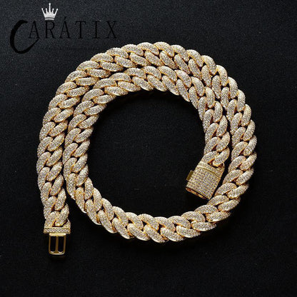 CARÁTIX – 14mm Iced Out 3-Row Round Cuban Miami Link Chain Necklace | Hip Hop CZ Cuban Chain for Men & Women - CaratixJewelry