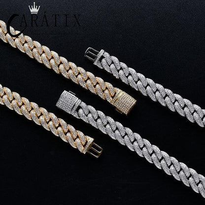 CARÁTIX – 14mm Iced Out 3-Row Round Cuban Miami Link Chain Necklace | Hip Hop CZ Cuban Chain for Men & Women - CaratixJewelry