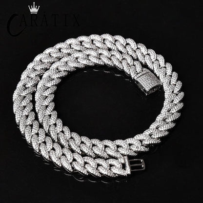 CARÁTIX – 14mm Iced Out 3-Row Round Cuban Miami Link Chain Necklace | Hip Hop CZ Cuban Chain for Men & Women - CaratixJewelry
