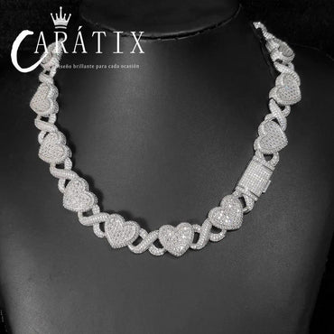 CARÁTIX 15MM Heart Choker Necklace – Custom Brass Cuban Link with Zirconia, Hip Hop Jewelry for Women & Men - CaratixJewelry