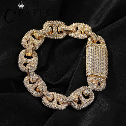 CARÁTIX – 16mm Wide Pig Nose Coffee Beans Link Chain Bracelet | 5A+ CZ Bling Iced Hip Hop Jewelry for Men - CaratixJewelry
