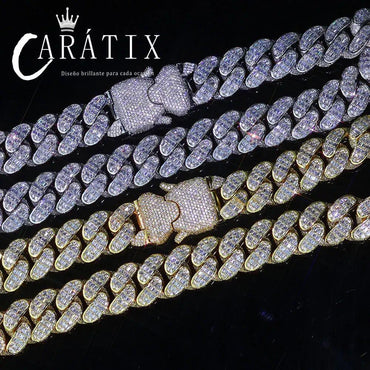 CARÁTIX 18mm Cuban Link Chain Necklace – Micro Pave Rectangular CZ Iced Out Hip Hop Jewelry for Men | Spring Buckle Design - CaratixJewelry