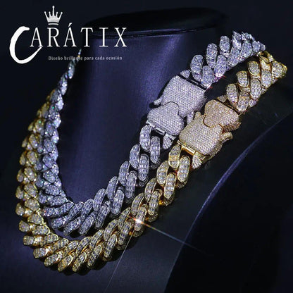 CARÁTIX 18mm Cuban Link Chain Necklace – Micro Pave Rectangular CZ Iced Out Hip Hop Jewelry for Men | Spring Buckle Design - CaratixJewelry