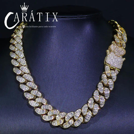 CARÁTIX 18mm Cuban Link Chain Necklace – Micro Pave Rectangular CZ Iced Out Hip Hop Jewelry for Men | Spring Buckle Design - CaratixJewelry