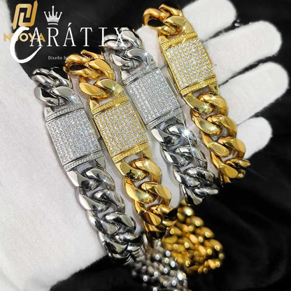 CARÁTIX 18mm Cuban Link Choker Necklace – Custom CZ Clasp Iced Out Hip Hop Miami Chain Jewelry for Men | Thick Bling Gift - CaratixJewelry
