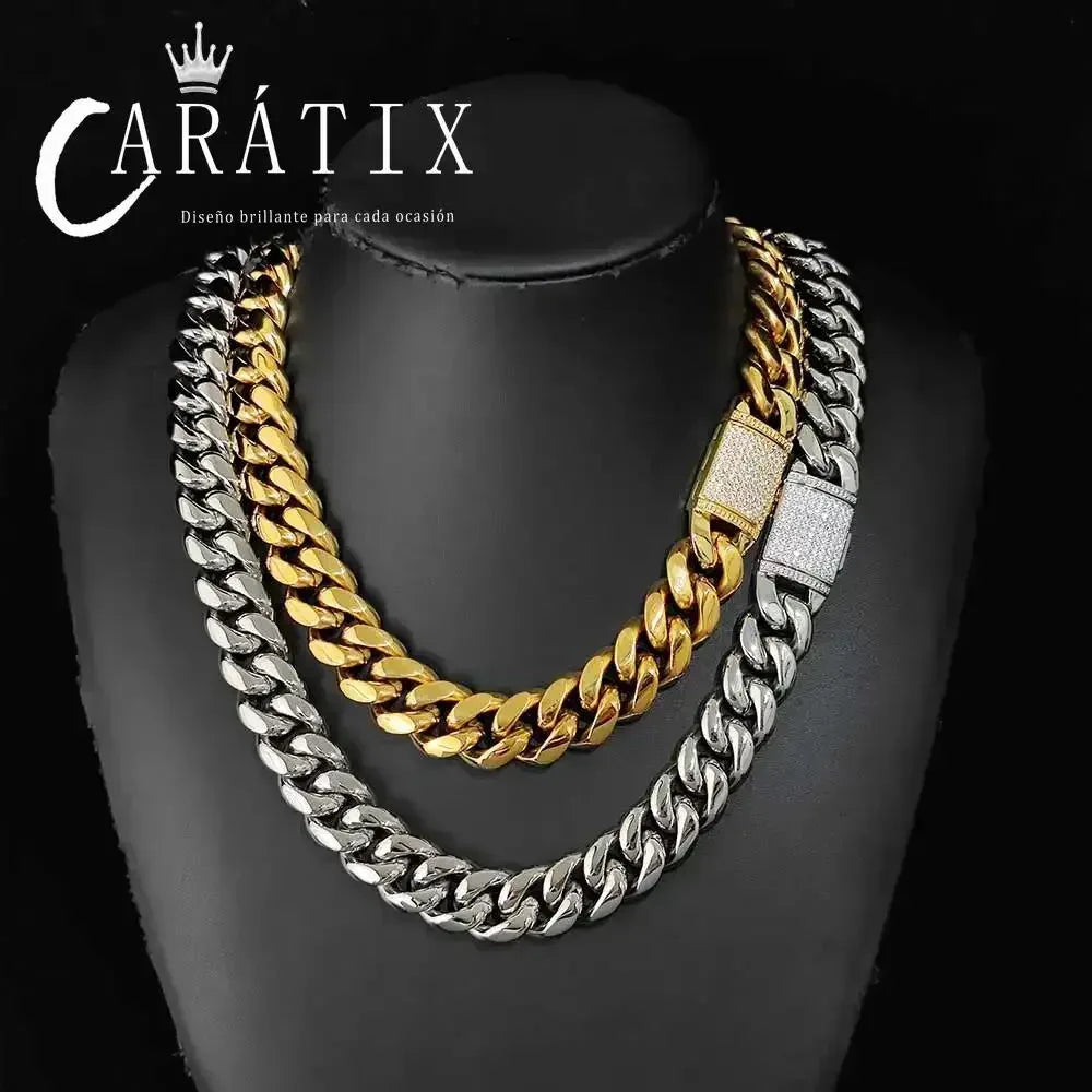 CARÁTIX 18mm Cuban Link Choker Necklace – Custom CZ Clasp Iced Out Hip Hop Miami Chain Jewelry for Men | Thick Bling Gift - CaratixJewelry