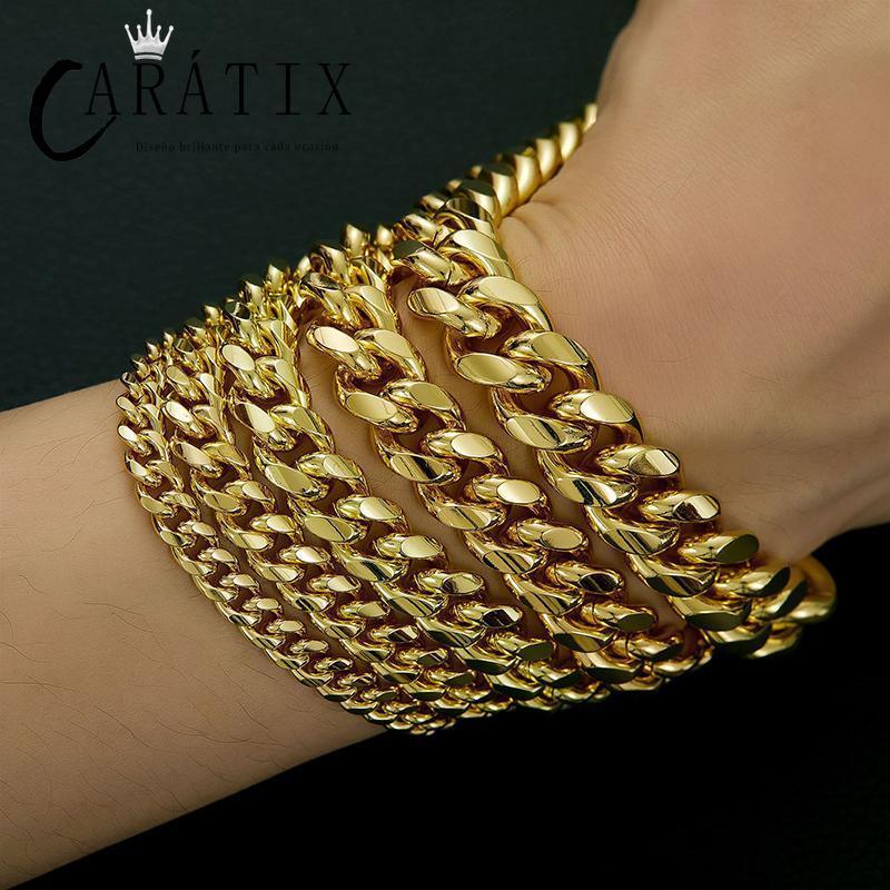 CARÁTIX 6–14mm Gold Stainless Steel Cuban Miami Chain Necklace – Heavy CZ Iced Out Hip Hop Rock Jewelry for Men - CaratixJewelry
