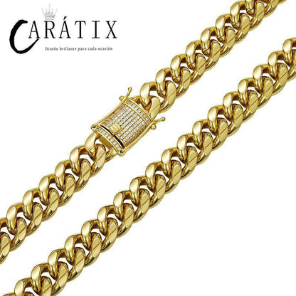 CARÁTIX 6–14mm Gold Stainless Steel Cuban Miami Chain Necklace – Heavy CZ Iced Out Hip Hop Rock Jewelry for Men - CaratixJewelry