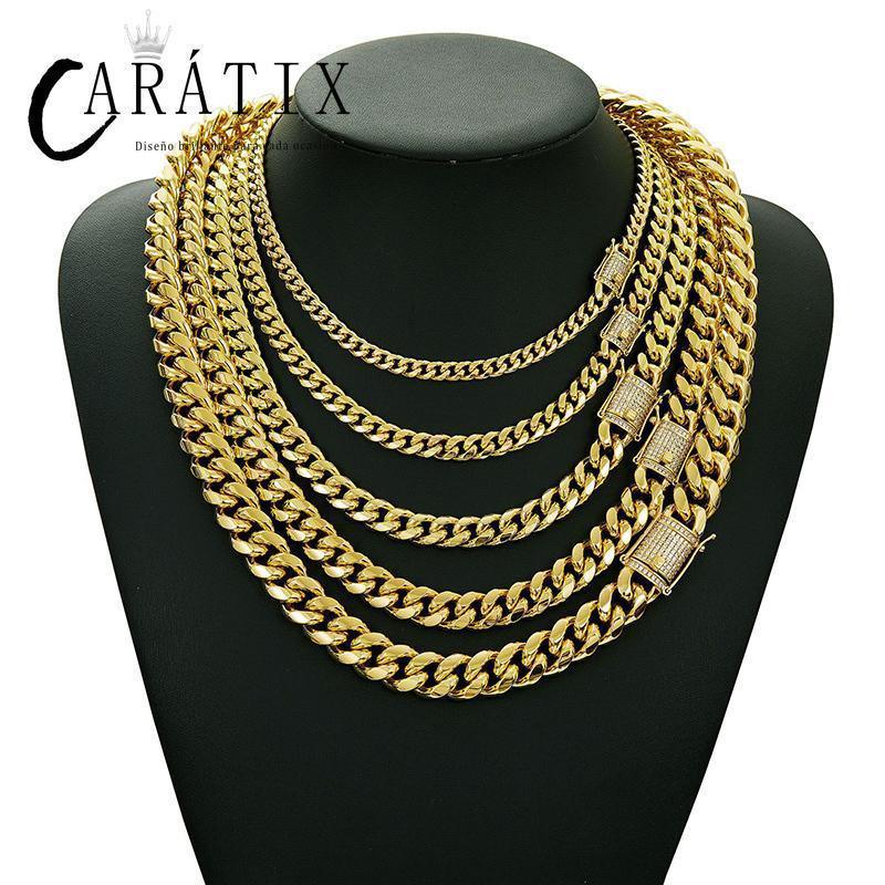 CARÁTIX 6–14mm Gold Stainless Steel Cuban Miami Chain Necklace – Heavy CZ Iced Out Hip Hop Rock Jewelry for Men - CaratixJewelry