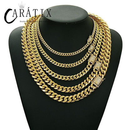 CARÁTIX 6–14mm Gold Stainless Steel Cuban Miami Chain Necklace – Heavy CZ Iced Out Hip Hop Rock Jewelry for Men - CaratixJewelry