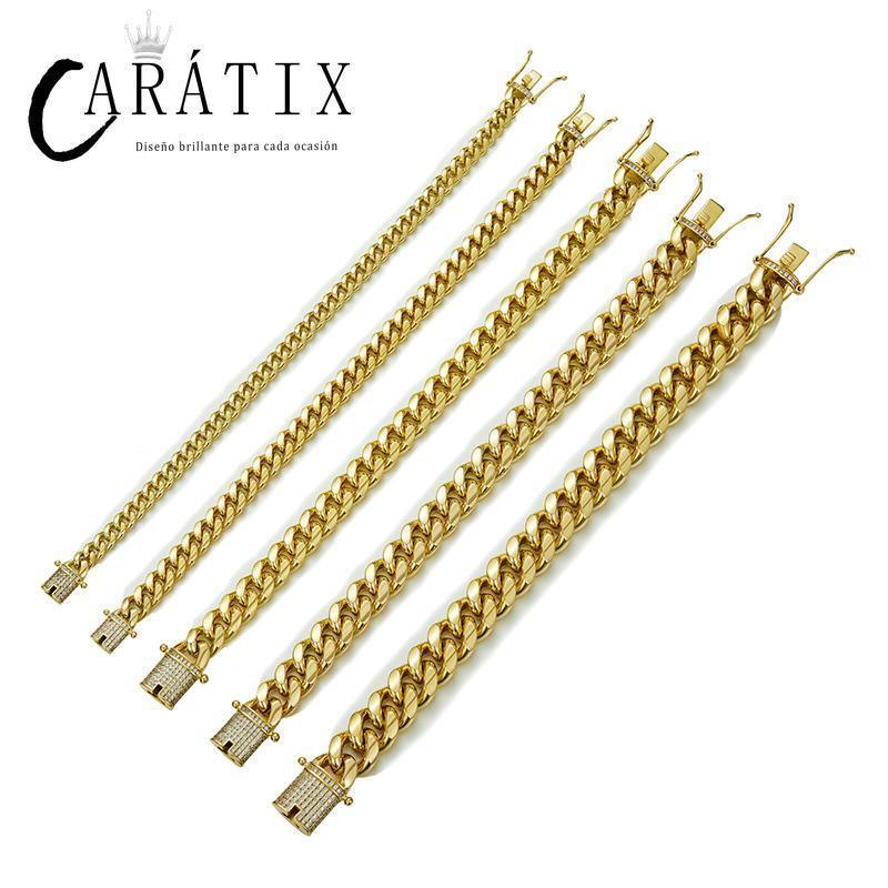 CARÁTIX 6–14mm Gold Stainless Steel Cuban Miami Chain Necklace – Heavy CZ Iced Out Hip Hop Rock Jewelry for Men - CaratixJewelry