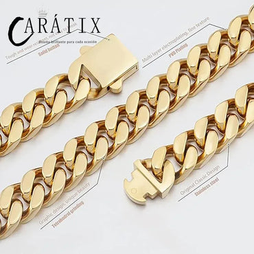 CARÁTIX 8/10/12/14mm Gold Stainless Steel Cuban Chain Necklace – 4-Sided Cut Hip Hop Miami Jewelry for Men - CaratixJewelry