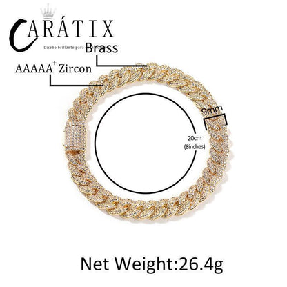 CARÁTIX 9mm Iced Out Cuban Link Chain Necklace – 5A+ CZ Solid Round Hip Hop Bling Jewelry for Men | Rapper Gift - CaratixJewelry