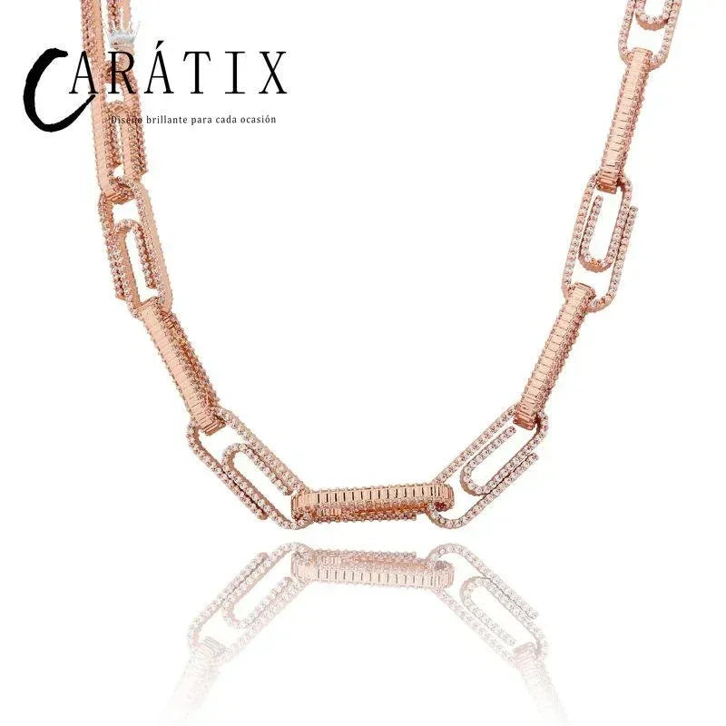 CARÁTIX AAA+ CZ Iced Out Pin Link Chain Necklace – Gold & Rose Hip Hop Bling Jewelry for Men & Women | Rapper Gift - CaratixJewelry