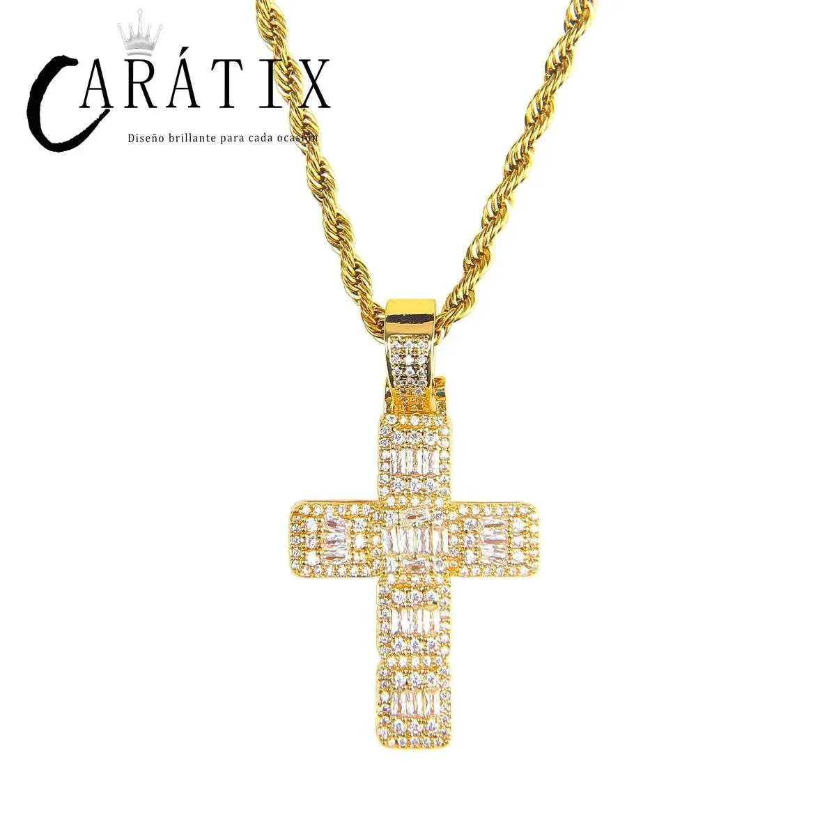 CARÁTIX Bubble Letter Baguette Cross Pendant Necklace - CaratixJewelry