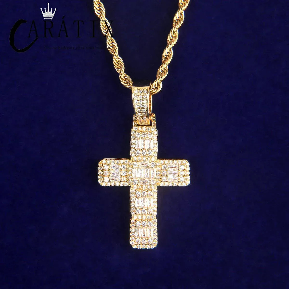 CARÁTIX Bubble Letter Baguette Cross Pendant Necklace - CaratixJewelry