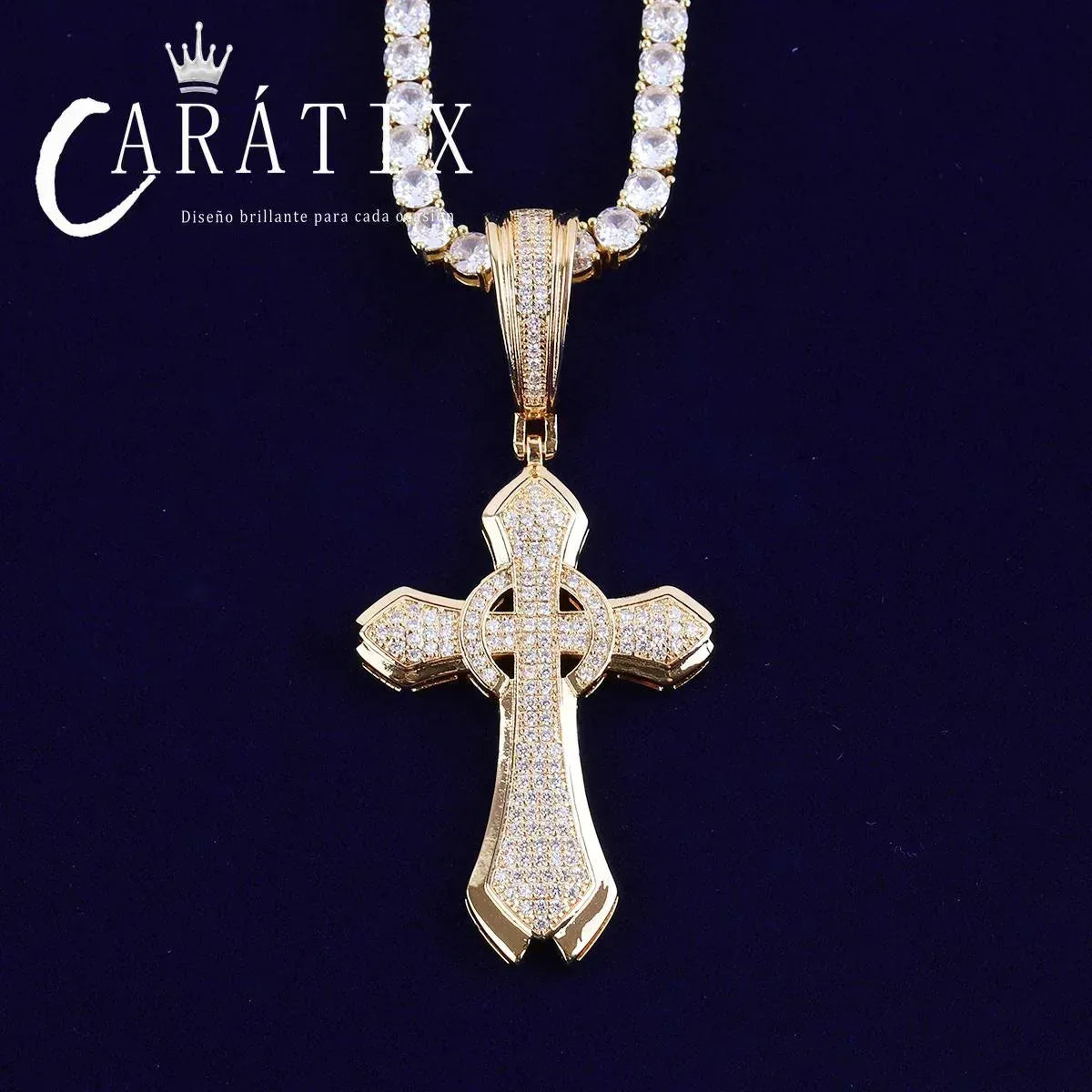 Bubble Letter Iced Out Circle Cross Pendant Necklace - CaratixJewelry