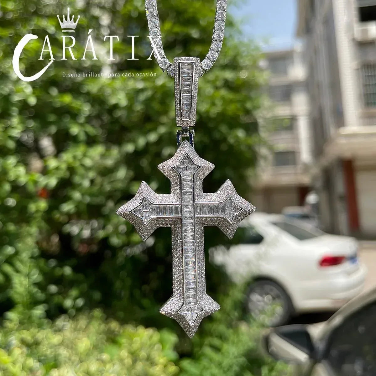 CARÁTIX Bubble Letter Iced Out Cross Necklace – Copper - CaratixJewelry