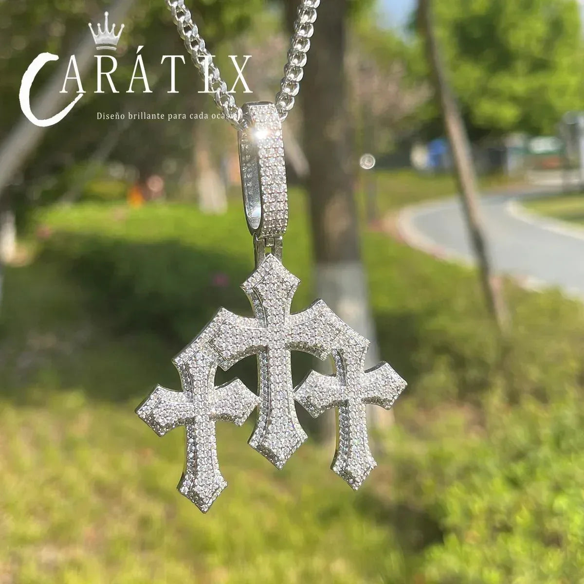 Bubble Letter Iced Out Cross Pendant Necklace - CaratixJewelry
