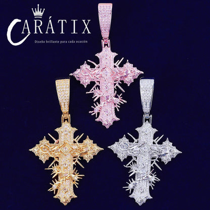 CARÁTIX Bubble Letter Iced Out Rattan Cross Pendant – - CaratixJewelry