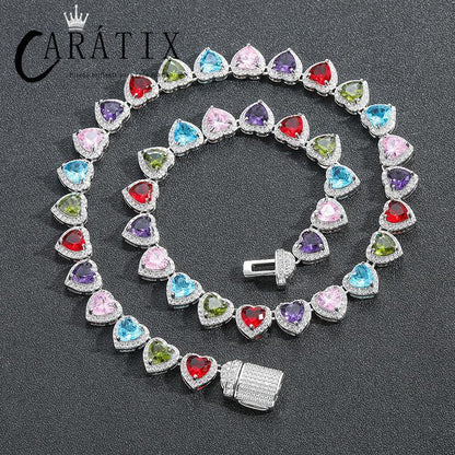 CARÁTIX Colorful Hearts Tennis Chain | CZ Iced Out Hip Hop Choker Necklace for Men & Women - CaratixJewelry