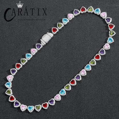 CARÁTIX Colorful Hearts Tennis Chain | CZ Iced Out Hip Hop Choker Necklace for Men & Women - CaratixJewelry