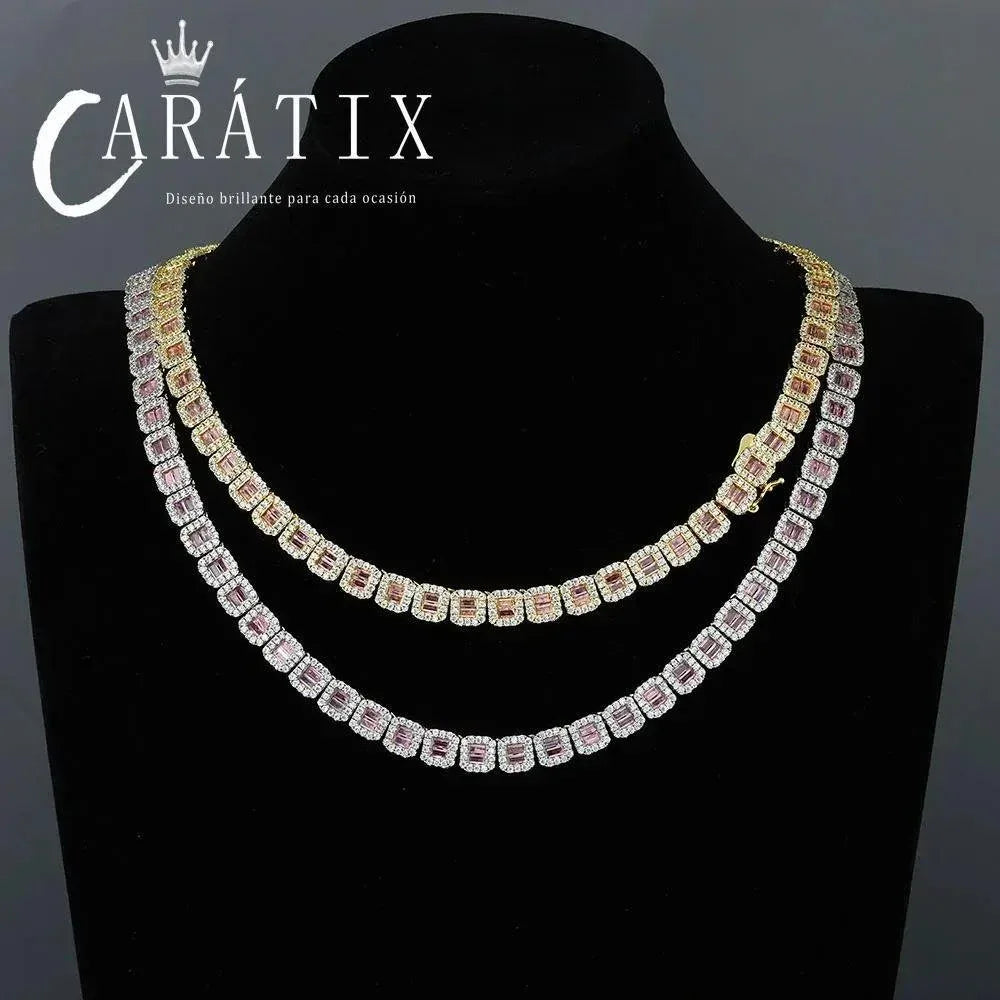 CARÁTIX Dainty Pink CZ Cluster Tennis Necklace – Clear Rectangle Cubic Zirconia Chain Jewelry for Women - CaratixJewelry