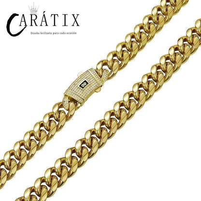 CARÁTIX Gold Stainless Steel Cuban Link Chain Necklace – CZ Iced Out Hip Hop Bling Jewelry for Men | Box Lock Rapper Gift - CaratixJewelry