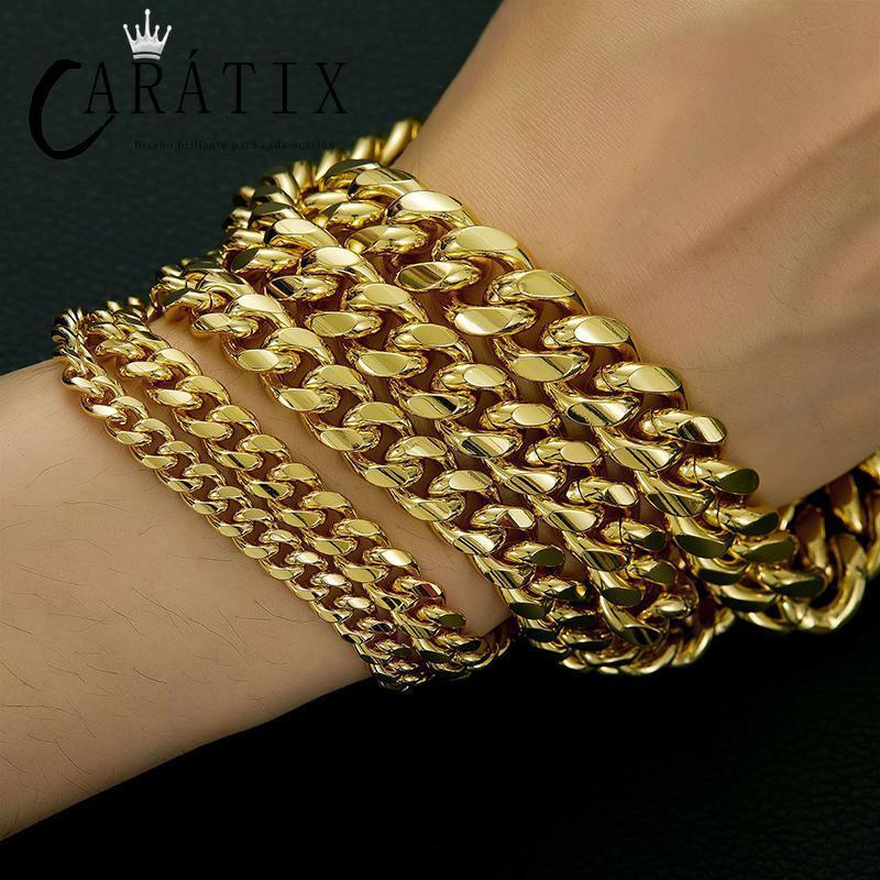 CARÁTIX Gold Stainless Steel Cuban Link Chain Necklace – CZ Iced Out Hip Hop Bling Jewelry for Men | Box Lock Rapper Gift - CaratixJewelry
