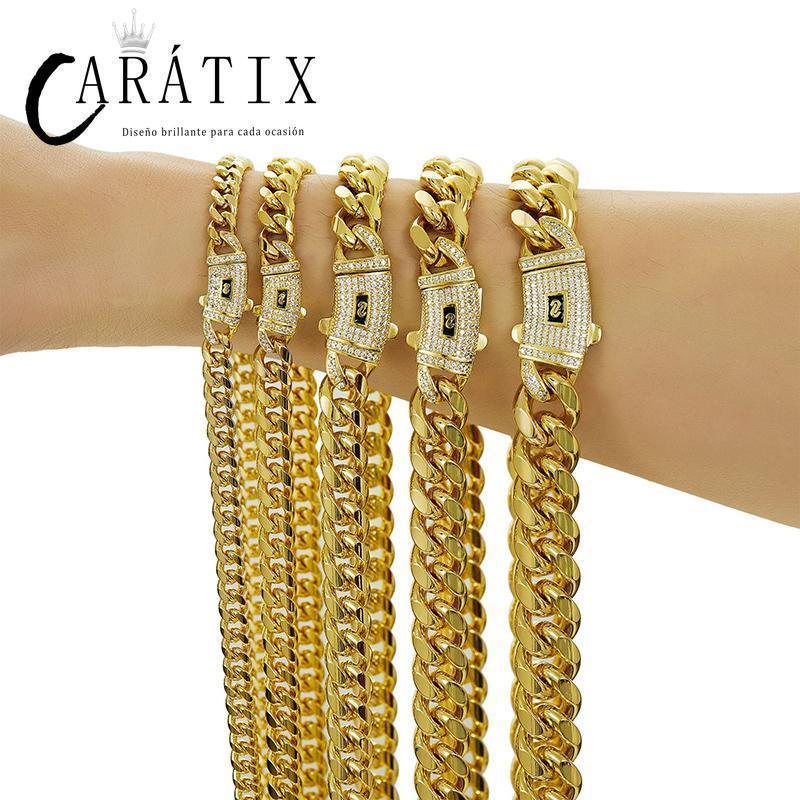 CARÁTIX Gold Stainless Steel Cuban Link Chain Necklace – CZ Iced Out Hip Hop Bling Jewelry for Men | Box Lock Rapper Gift - CaratixJewelry