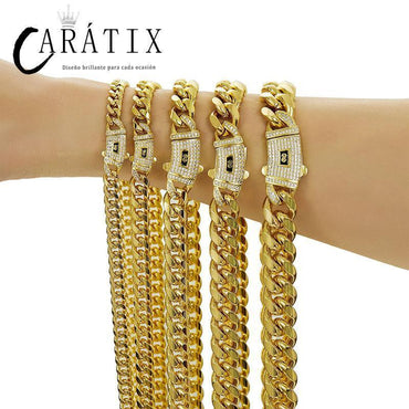 CARÁTIX Gold Stainless Steel Cuban Link Chain Necklace – CZ Iced Out Hip Hop Bling Jewelry for Men | Box Lock Rapper Gift - CaratixJewelry