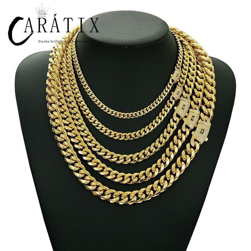 CARÁTIX Gold Stainless Steel Cuban Link Chain Necklace – CZ Iced Out Hip Hop Bling Jewelry for Men | Box Lock Rapper Gift - CaratixJewelry