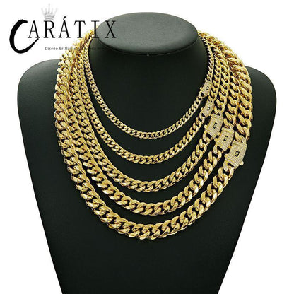 CARÁTIX Gold Stainless Steel Cuban Link Chain Necklace – CZ Iced Out Hip Hop Bling Jewelry for Men | Box Lock Rapper Gift - CaratixJewelry