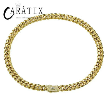 CARÁTIX Gold Stainless Steel Cuban Link Chain Necklace – CZ Iced Out Hip Hop Bling Jewelry for Men | Box Lock Rapper Gift - CaratixJewelry