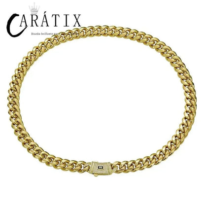 CARÁTIX Gold Stainless Steel Cuban Link Chain Necklace – CZ Iced Out Hip Hop Bling Jewelry for Men | Box Lock Rapper Gift - CaratixJewelry