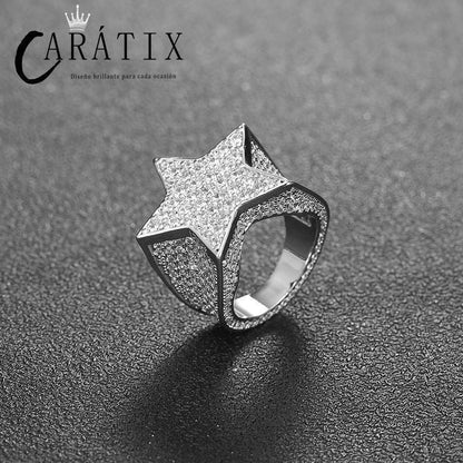 CARÁTIX Hip-Hop Explosive Copper Inlaid Zircon Pentagram Star Ring | Men's High-Quality Hip-Hop Jewelry - CaratixJewelry