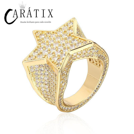 CARÁTIX Hip-Hop Explosive Copper Inlaid Zircon Pentagram Star Ring | Men's High-Quality Hip-Hop Jewelry - CaratixJewelry