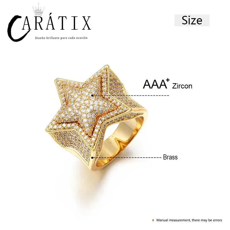 CARÁTIX Hip-Hop Explosive Copper Inlaid Zircon Pentagram Star Ring | Men's High-Quality Hip-Hop Jewelry - CaratixJewelry