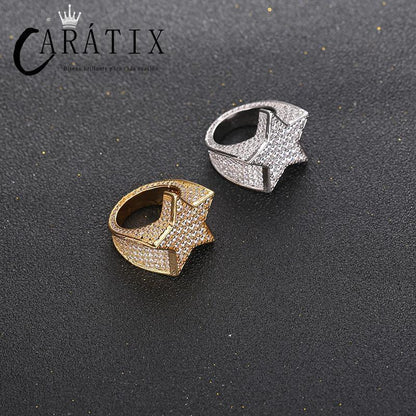 CARÁTIX Hip-Hop Explosive Copper Inlaid Zircon Pentagram Star Ring | Men's High-Quality Hip-Hop Jewelry - CaratixJewelry